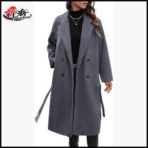 Winter Wool Blend Coat Double Breasted Notch Lapel Long Trench Peacoat